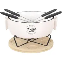 Casa Di Elturo Fondue Set voor 4 Personen – Porseleinen Fonduepan met Bamboe Onderplaat – Inclusief Vorken