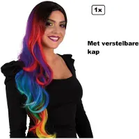 Partyxplosion Luxe Pruik Rainbow lang met krullen - Wasbaar en verstelbare luxe pruik - Regenboog