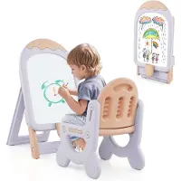 Costway Kinderezel met stoel, in hoogte verstelbaar en inklapbaar met whiteboard en opbergdoos, bord voor kinderen met marker en magneet, cadeau speelbord voor meisjes en jongens (blauw)