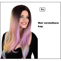 Partyxplosion Luxe Pruik Rainbow pastel lang met krullen - Wasbaar en verstelbare luxe pruik - Regenboog pastel