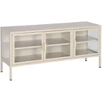 Sweeek TV meubel vitrine gehard glas en staal 3 deuren industrieel 120cm Beige