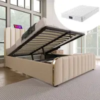 OKWISH Tweepersoonsbedden - 140x200 cm - Boxspringstijl Gestoffeerd Bed - Hoofdbord met Gouden Accenten - Bed met Lades en USB Opladen - Linnen - Beige