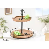 Invicta Massief houten taartplateau PURE NATURE 40cm mango rond met twee niveaus zwart metaal - 41606