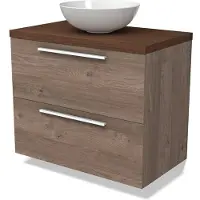 Maxaro Modulo Plato Badkamermeubel voor waskom | 80 cm Middenbruin eiken Vlak front Walnoot blad 2 lades onder elkaar