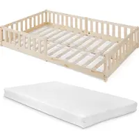 En.casa Kinderbed 'Tanna', vloerbed met matras 120 x 200 cm, Montessori bed met valbeveiliging, grenenhout, naturel