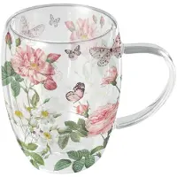 Ambiente -dubbelwandig theeglas- Amelia - bloemen - planten - vlinders -roze - groen - borosilicaat