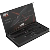 Resto Luxe Messenset 4-delig Leo – Koksmes, Vleesmes, Universeelmes & Schilmes – RVS 3CR13 – Antibacterieel – Ergonomische Soft-Touch Handgrepen – Magnetische Geschenkdoos
