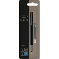 Parker Vector-vulpen | zwart met chrome afwerking | mediumpunt | blauwe inkt | hangtab