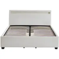 Vente-unique Bed ALOIS met opbergruimte - 140x190cm - Wit kunstleer met LEDs