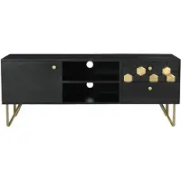 Vente-unique Tv-meubel met 1 deur, 2 lades en 2 nissen van mangohout en metaal - Zwart en goudkleurig - BELORI