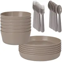 HEM 24-delig Serviesset 6 Persoons – Grijs Kunststof – Picknickset – BPA-vrij & Vaatwasserbestendig – 6x Bord, 6x Kom, 6x Vork, 6x Lepel – Lichtgewicht Plastic Servies – Met Opbergzak