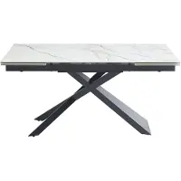 Vente-unique Uitschuifbare eettafel voor 6-10 personen in keramiek, gehard glas en metaal - Witte marmerlook en zwart - LUMIEL