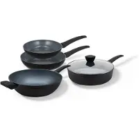 BE Living Pannenset 4–delig – Ø 24 & 28 cm Koekenpan + Ø 32 cm Wokpan + Ø 28 cm Hapjespan met Deksel - Koekenpannenset – Keramisch – Inductie Pannen – PFAS Vrij Anti Aanbak – Delight Series