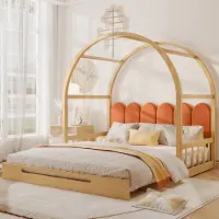Merax Boogvormig kinderbed - uittrekbaar bed - fluwelen kussens - houtkleur en oranje - 140x100/200 cm - zonder matras
