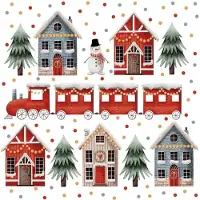 Daisy 40 Kerstmis Kerst Servetten - Huisje - Sneeuwpop - Dennenboom - Trein - Wit - Rood - Groen - 33 x 33 cm - 3-Laags -