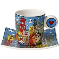 Goebel - James Rizzi | Kop en schotel Espresso Summer in the City | Porselein - 10cm - 100ml - 2 stuks