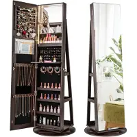 Costway Sieradenkast met led, spiegelkast, 360 graden draaibaar, met frameloze full-body spiegel, sieradenorganizer afsluitbaar, sieradenopslag (donkerbruin)