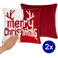 HEM Kerstkussens Set van 2 – Inclusief Vulling – 40x40 cm – Pailletten Rood/Wit – Omkeerbaar – Fluwelen Achterkant Rood – Kerstkussens Bank of Bed