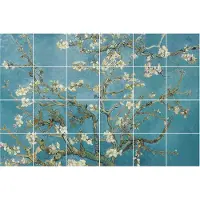 Wallfluent Tegelstickers - Van Goghs Bloeiende Amandelboom Plakfolie Tegels - Set van 24 stuks 15 x 15 cm - Blauw Tegelfolie Keuken - Mozaïek Bloemen en Planten Tegelstickers Badkamer