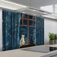 KitchenYeah Spatscherm 120x80 cm - Zelfklevende achterwand Kat - Sterrenhemel - Blauw - Keuken muurbeschermer - Spatwand fornuis
