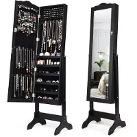 Costway Sieradenkast, sieradenrek, afsluitbaar, spiegelkast met full-body spiegel voor make-up, kantelbaar (zwart)
