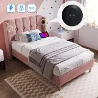 OKWISH Gestoffeerd Bed 90x200 cm - Tienerbed Met USB Oplaadfunctie - Fluweel - Roze (Geen Matras)