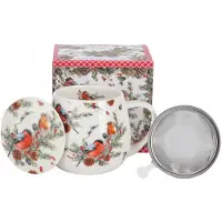 Duo Christmas Birds Mok met Zeef en Deksel - 430ml Porselein