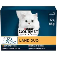 Gourmet Perle Duo – Kattenvoer Natvoer – Kip & Rund / Kalkoen & Lam / Kalf & Eend / Konijn & Wild – 48 x 85 g