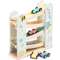 Woet Houten Autobaan - Jodelbaan met 4 auto's - Educatief Speelgoed - Houten Speelgoed Rollerbaan - Peuterspeelgoed - Vanaf 18 Maanden