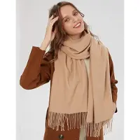 Karma Tweekleurige sjaal voor dames van katoenmix, zacht en wollig, stola met franjes voor herfst en winter, 200 x 70 cm , Beige licht kameel