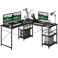 Costway Schrijftafel L-vorm, omkeerbaar hoekbureau met 4 planken, hoektafel met 3 kabelgaten, gaming computertafel, bureautafel voor thuiskantoor, 151 x 151 x 75 cm (zwart)