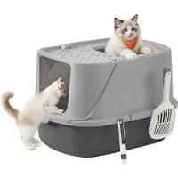 Feandrea Gesloten Kattenbak met Deksel en Schep, duifgrijs + leigrijs