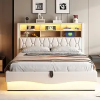 Merax 180x200 cm gestoffeerd bed met opbergruimte - met LED-verlichting en USB-oplaadpoort - beige - zonder matras