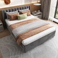 SINGULARITY -Gestoffeerd bed 140 x 200 cm fluweel met lattenbodem- rugleuning- 2 laden- grijs- zonder matras