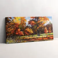 Wallfluent Foto Op Canvas Geschilderde herfst en de rivier - 140 x 70 cm - Oranje Canvas Schilderij - Landschappen Foto Canvas - Natuur Schilderij Op Doek - Kunst Schilderij Op Canvas