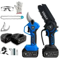 Visaly Ultra Snoeiset 2-in-1 - Elektrische Snoeischaar & Mini Kettingzaag - Snoeigereedschap - Accu Snoeischaar - Accu Kettingzaag - Incl. Opbergkoffers & 4 Accu's