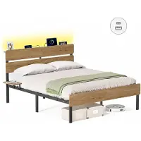 Vasagle Eenpersoons Bedframe met Verlichting en Handige Opbergruimte, 140 x 200 cm