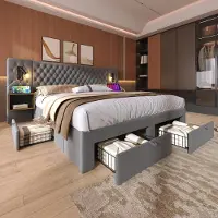 Merax Gestoffeerd bed 160x200 cm - met 2 nachtkastjes en 4 lades - hoofdeinde leeslamp met USB-oplaadfunctie - grijs - zonder matras