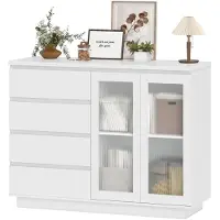 HOMCOM dressoir - met 4 lades - 2 glazen deuren - wit