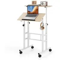 Costway Sta-bureau, in hoogte verstelbaar, mobiele computertafel met wielen, kantelbaar tafelblad en 2 haken, bureau, state-zittafel, laptoptafel voor thuis, kantoor (natuur)