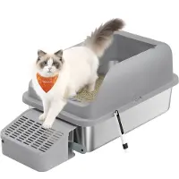 Feandrea Roestvrijstalen Kattenbak met Hoge Randen en Accessoires, leigrijs