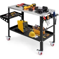 Costway Mobiele lastafel, 92 x 46 cm, laswerkbank met gaten van 1,6 cm, gereedschapsstandaard en plank, 8 gereedschapssleuven en 2 lasmondhouders, werktafel op wielen tot 540 kg belastbaar