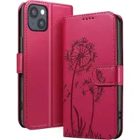 Zanae , Portemonneehoesje Geschikt voor Apple iPhone 13 / 14 Premium Design Bloemen Vlinder, Rood