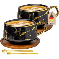 Intirilife 2x Kop keramiek met marmerdesign in Zwart - ongeveer 200 ml - Koffiemok, theemok met houten onderzetter Mok