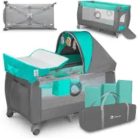 Lionelo Sven Plus 2in1 Meegroeibed & Campingbedje - 127x60 cm - Tot 15 kg - Co-Sleeper - Reisbed met Commode, Organizer, Klamboe en Interactief Speelgoed