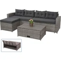 Mendler Poly-Rattan set HWC-J34, geschikt voor balkon, tuin of lounge – zitgroep met sofa, opbergruimte grijs, kussens donkergrijs