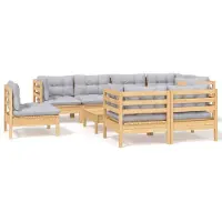 vidaXL 9-delige loungeset voor de tuin met grijze kussens, gemaakt van massief grenenhout