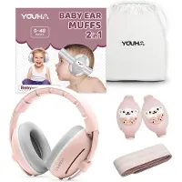Youha gehoorbeschermingsset - gehoorbescherming geschikt voor Baby’s en Peuters (0-4 jaar) - 2-in-1 set - Anti slip- en klitterband - Kleur: Roze