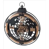 Formano Klok - Wandklok - Tandwielen - Met Glasplaat - Hoogte: 88cm - Ø 66cm - Metaal - Mango Hout - Industrieel - Zwart - Wereldbol - Bruin.