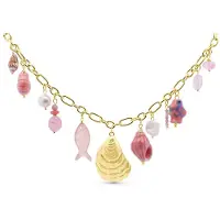 CO88 Collection – 8CN-26495 – Ketting roze met zee-bedels & schelp – goudkleurig – 40+6 cm
